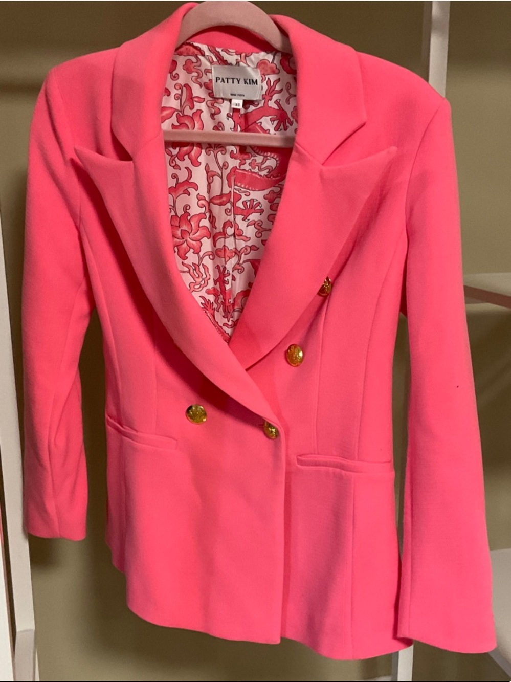 PATTY KIM Neon Pink Double-Breasted Blazer with Gold Buttons